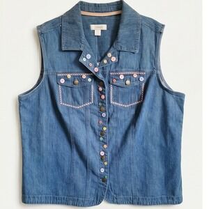 CJ Banks 1X Denim Vest Vintage Blue Button Front Embroidered Sleeveless NWT